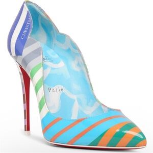 Christian Louboutin NEW Hot chick 100mm
stripped patent heels RETAIL 895